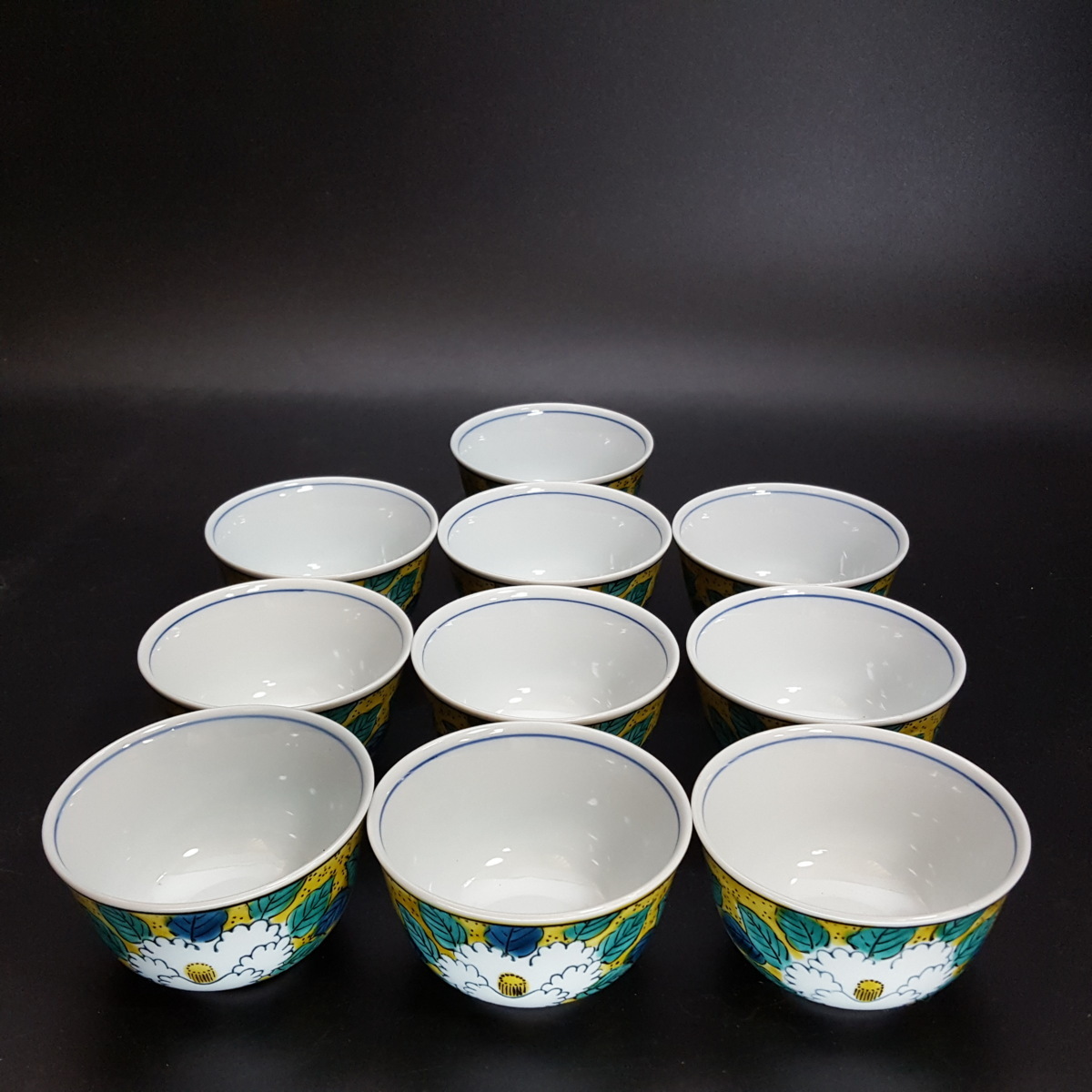 送料無料 【宝蔵】九谷焼 仙春造 吉田屋花文汲出揃 煎茶碗10