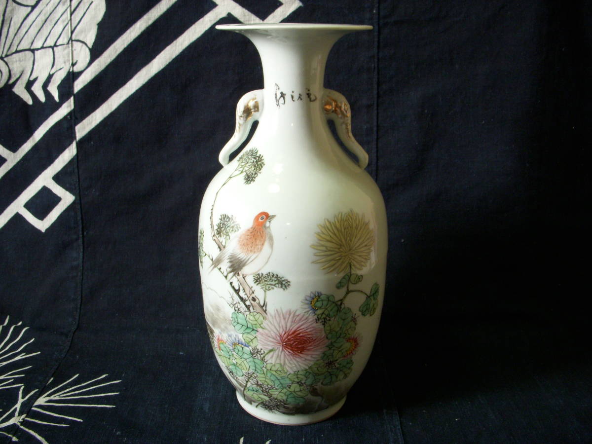 中国 色絵耳付 花鳥文 漢詩 花瓶 花器 2026年最新Yahoo!オークション