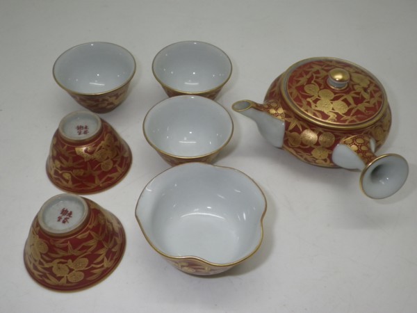 九谷焼 錦生窯 本多順一作 小茶器揃 急須 煎茶碗五客 湯冷 共箱 GR7272