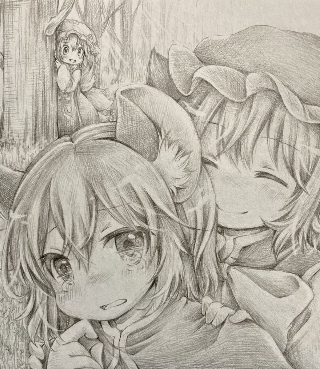 直筆手描き同人イラスト ミニ色紙【東方project 橙・ナズーリン・八雲