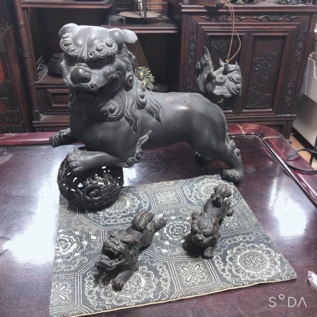 獅子古銅置物 古銅獅子一対