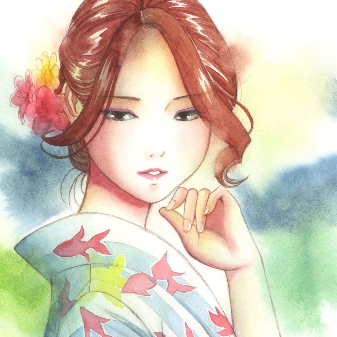 漫画家 山花典之 【真作 美人画 水彩画】 浴衣美人-金魚 オリジナル