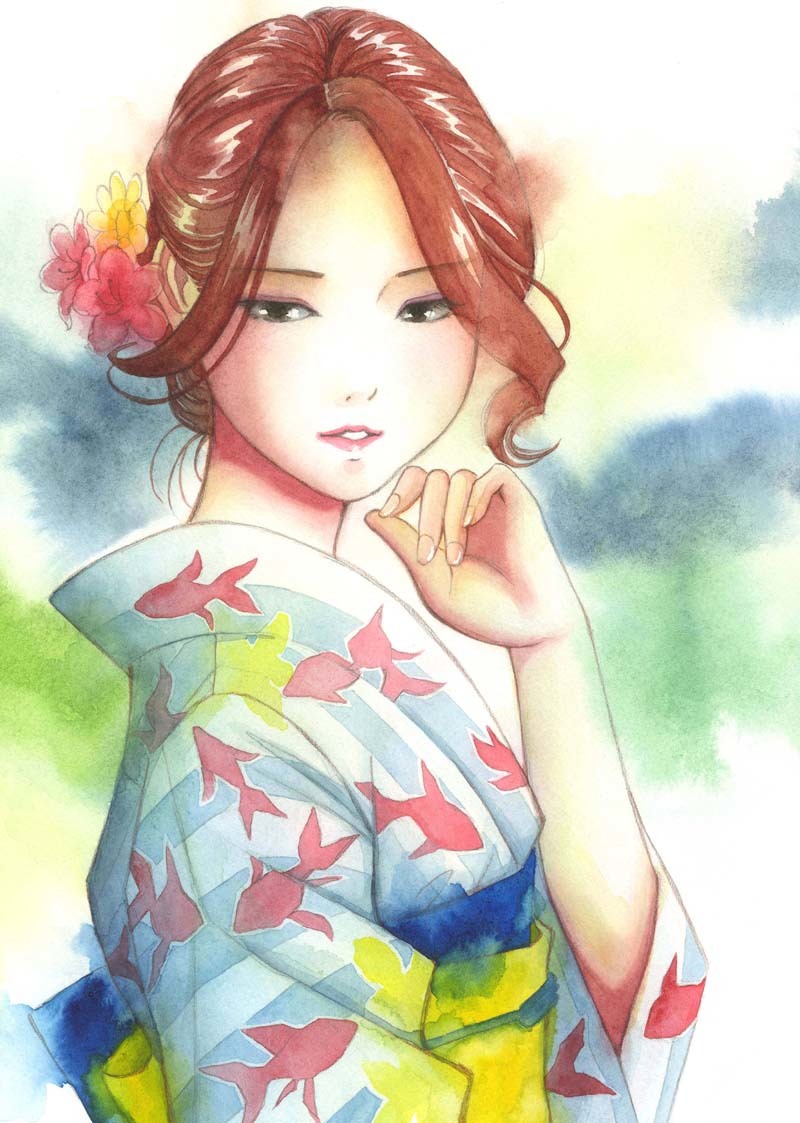 漫画家 山花典之 【真作 美人画 水彩画】 浴衣美人-金魚 オリジナル