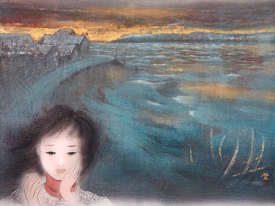 ∇花∇日本画家【小谷津雅美】真筆 日本画パネルF20号『海辺の回想