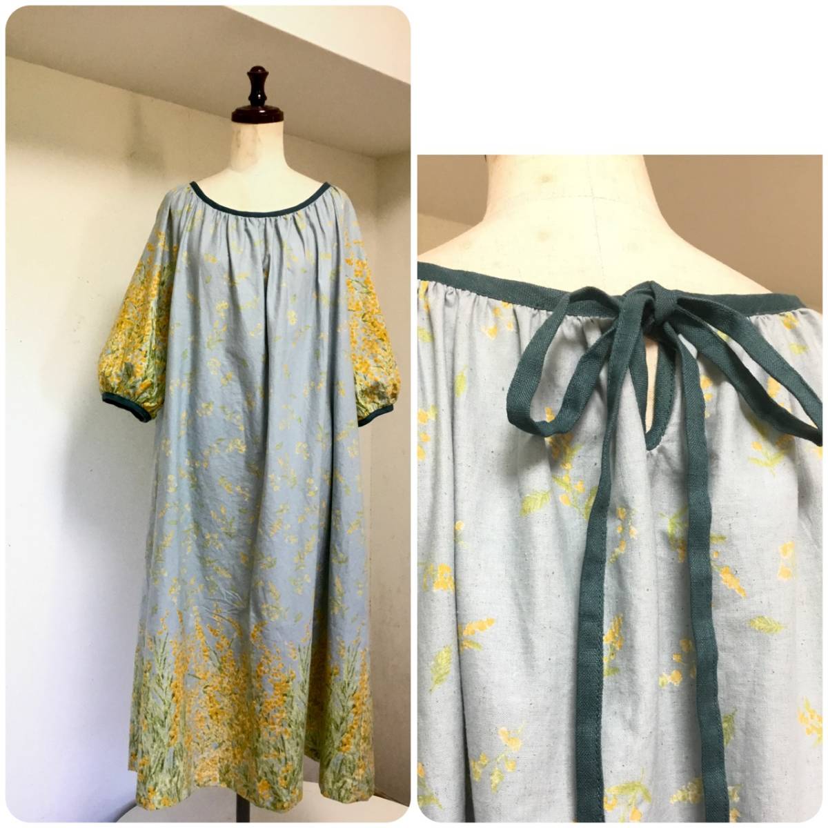 花柄 春待ち＊刺繍の小鳥とミモザ花柄＊大人の長袖ワンピース＊国産綿 