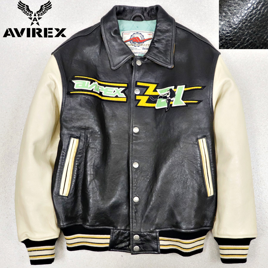 羊革】AVIREX レザージャケット スタジャン XL 黒 白 オールレザー