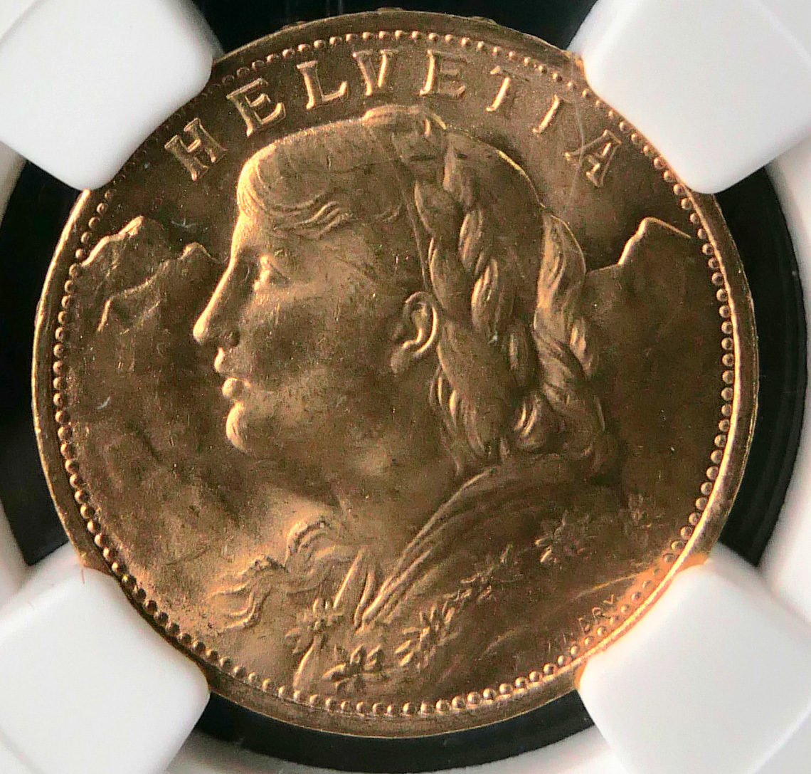 TOP39枚！準最高鑑定品】 1922B スイス 20フラン 金貨 アルプスの少女