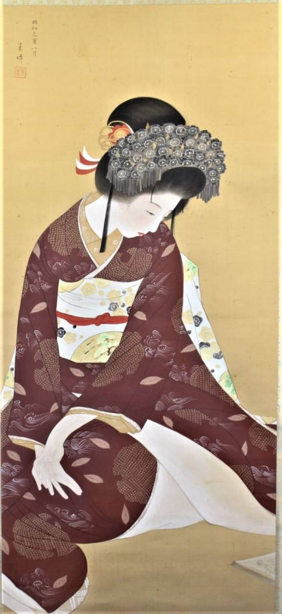 桃]☆石川 美峰【晴れ着姿の美人】(仮題) 日本画 美人画 掛軸 [真作 