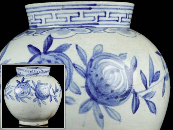 ◇舩◇2 李朝時代 草花文染付壷 25cm 細密細工 朝鮮古陶 唐物骨董 [V34