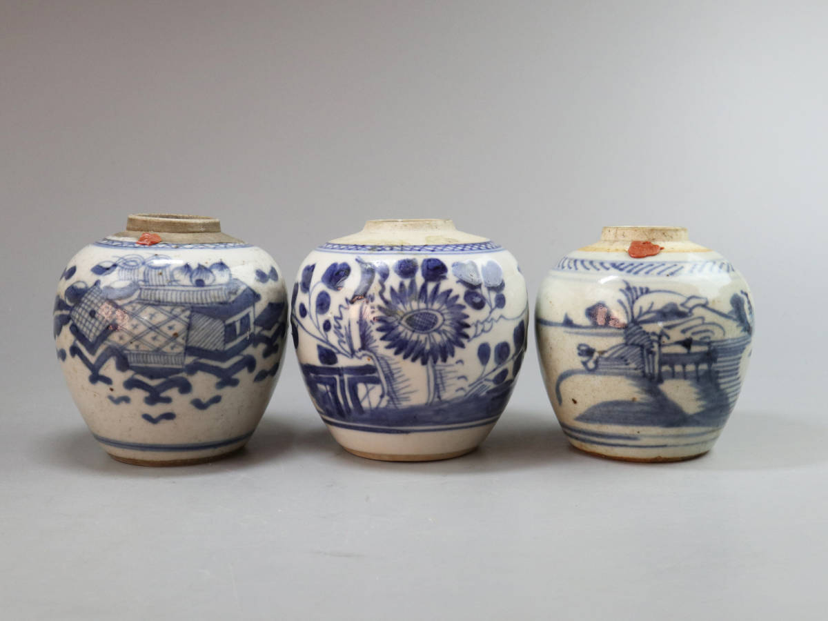 中国古陶磁器　清代　清朝　青華　古染付 草花の図　茶壺　花入れ　茶道具　茶器 中国古陶磁器 清代 清朝 青華 古染付 草花の図 茶壺 花