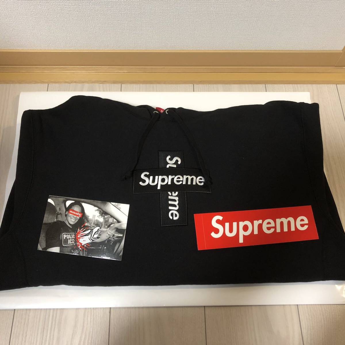 M 黒 Supreme box logo cross hooded シュプリーム
