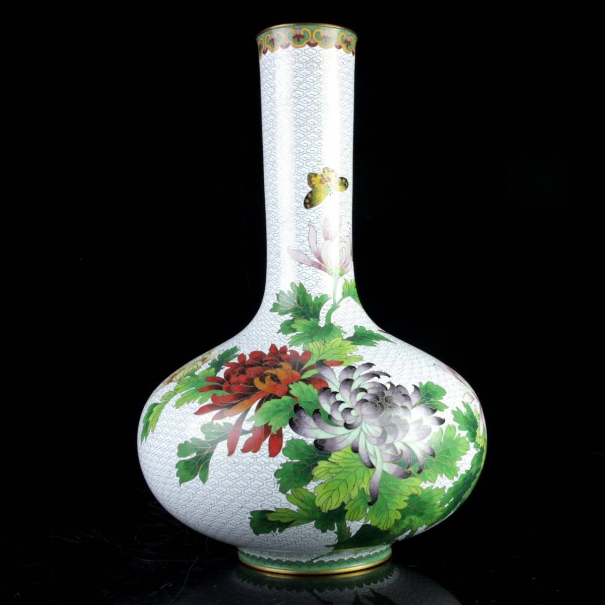 ◇舩◇ 中国古玩 銅製 菊花蝶図七宝花瓶 39cm 2295g 唐物骨董 [E275]V