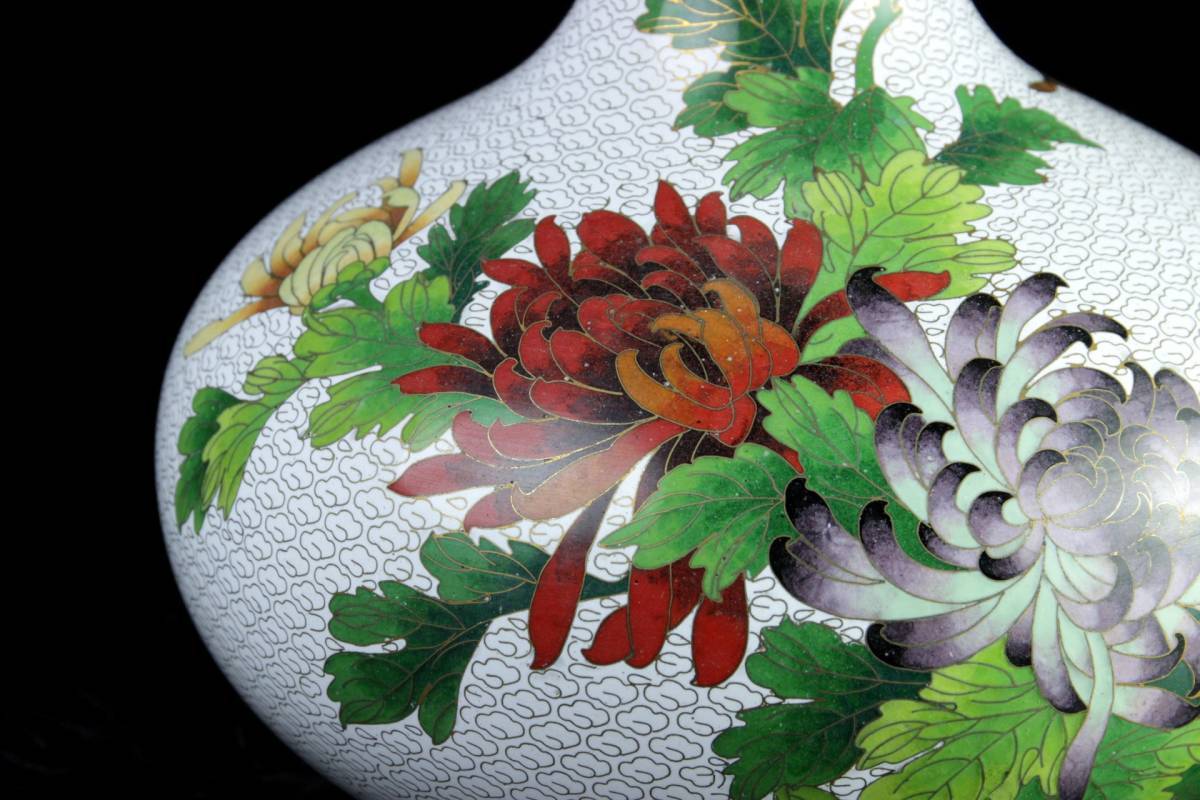 ◇舩◇ 中国古玩 銅製 菊花蝶図七宝花瓶 39cm 2295g 唐物骨董 [E275]V