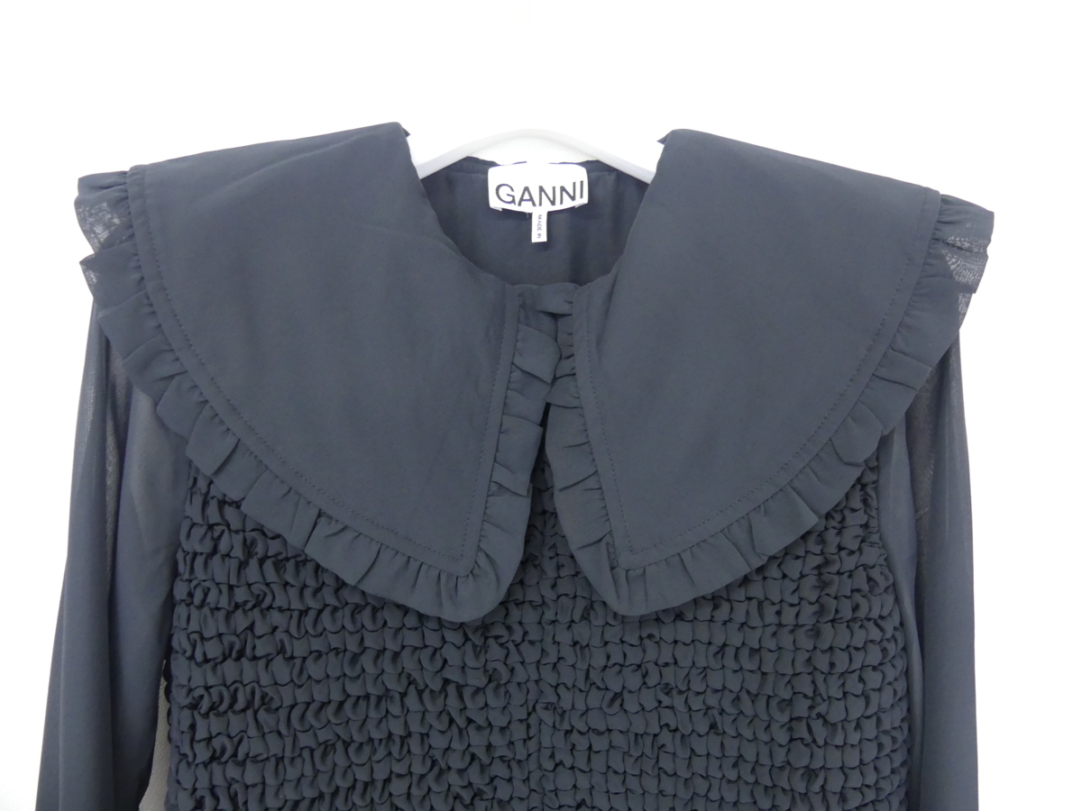 GANNI ガニー ラッフルカラースモックシフォンドレス 32 ブラック  