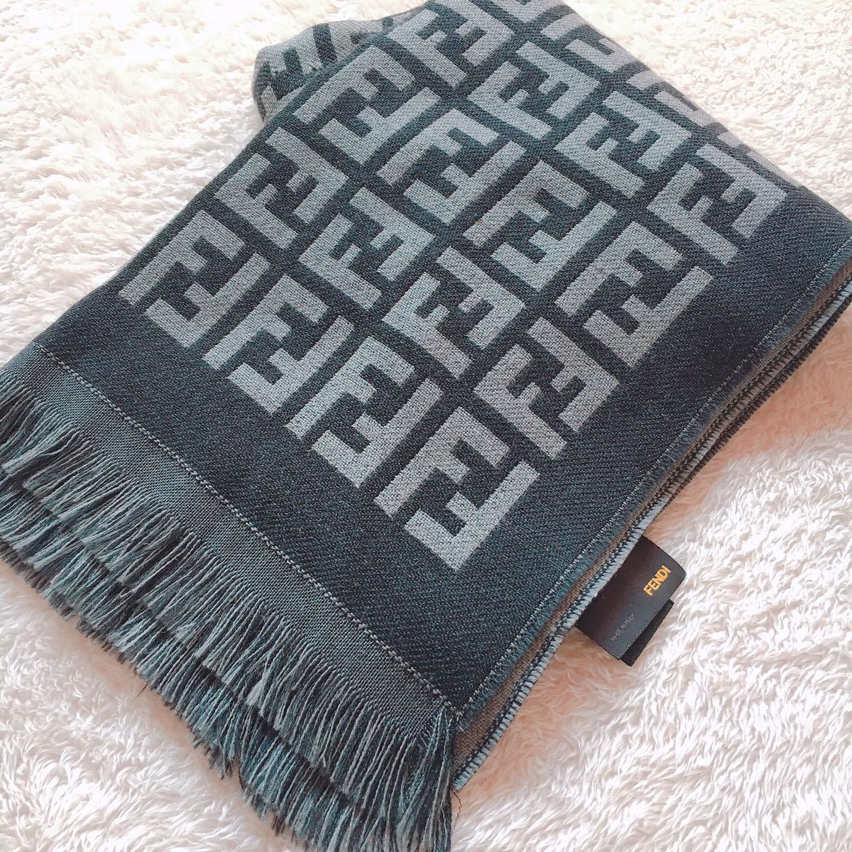 現行タグ‼️FENDI ズッカ柄 マフラー ストール 総柄 グレー ウール FENDI】Fマーク ズッカ柄 フェンディ ロゴ マフラー ストール グレー