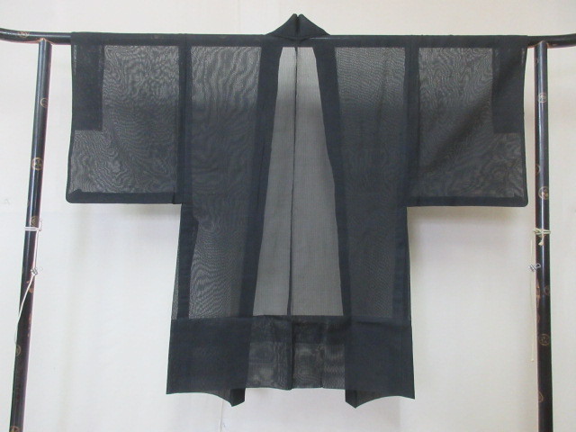 ☆良品☆ 1円 正絹 紗 男性用 黒色 紋なし 単衣 長羽織 身丈100cm 裄 
