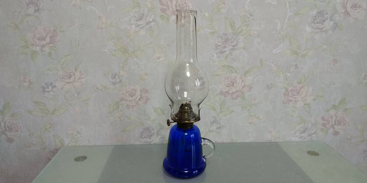 ☆小樽 北一硝子 オイルランプ H，36cm☆卓上タイプ 持ち手付☆ブルー