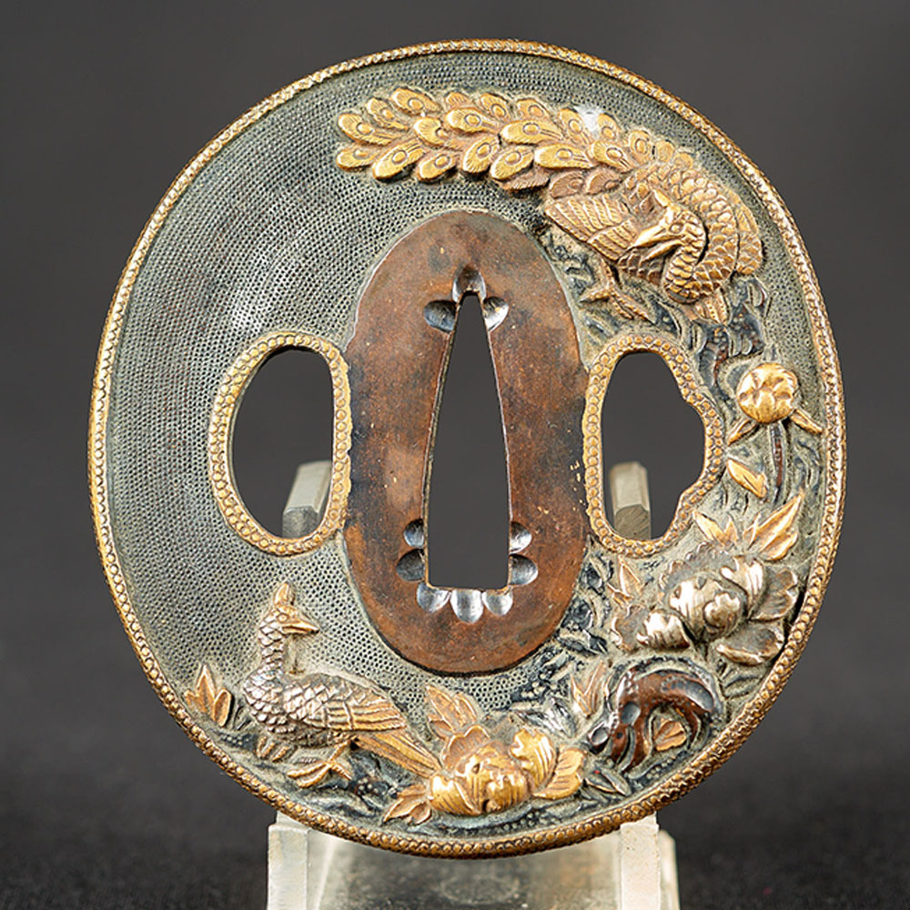 無銘 鍔 時代刀装具 金色絵 FD812 鉄地 吹寄真鍮象嵌 縦8.3
