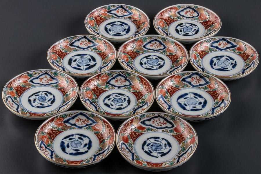 真】古伊万里染錦草花文小皿 手塩皿 10客 明治時代 5712 アンティーク