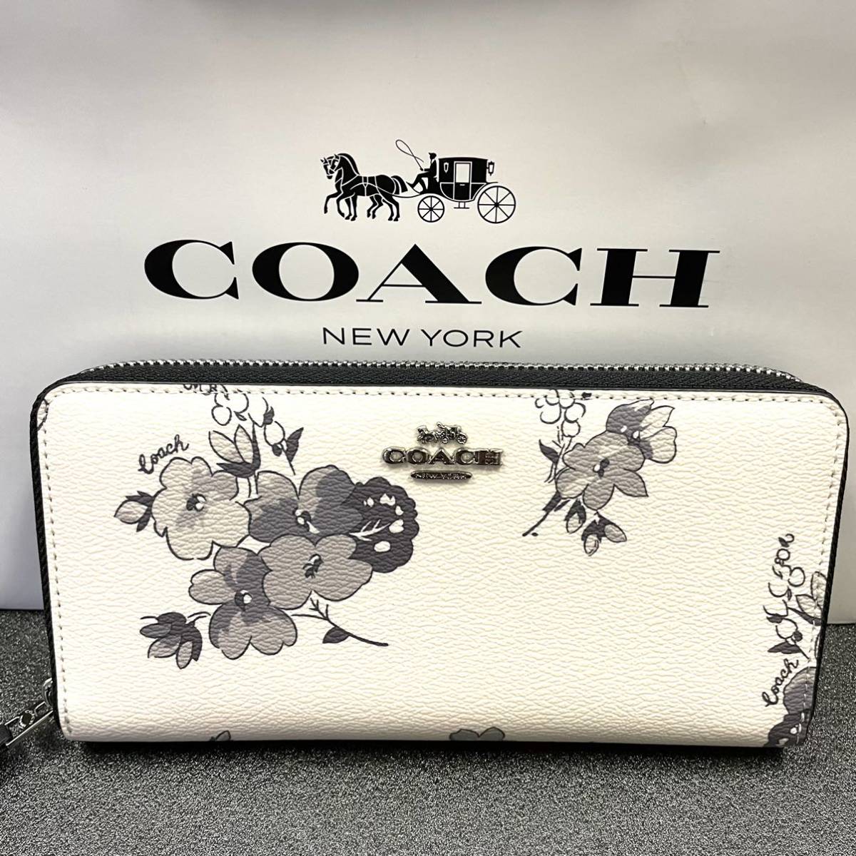 コーチ COACH 花柄 白×黒 コーチ長財布 フローラル クリーム 長財布 