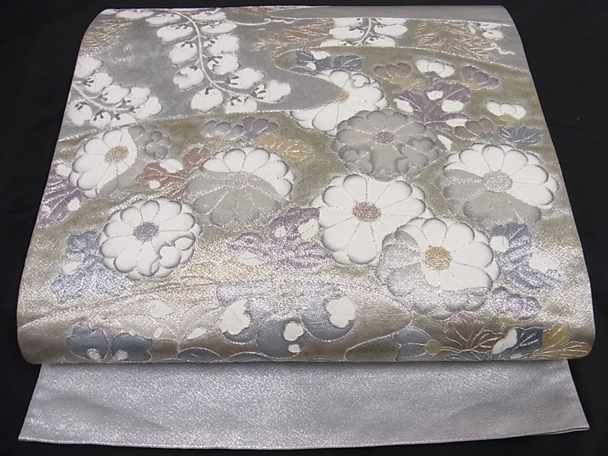 平和屋着物◎六通柄袋帯 刺繍 駒刺繍 流水草花文 銀糸 銀