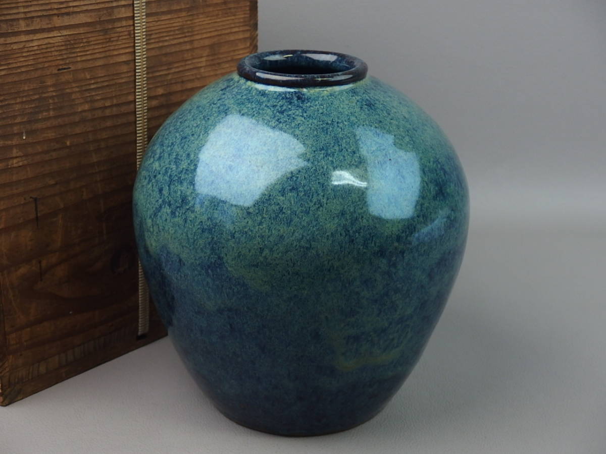 骨董・茶道具】☆中国古玩 葛明祥？古い 海鼠釉壷 cj036sgl 花道 華道