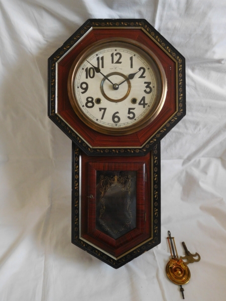 大正 昭和レトロアンティーク/名古屋商事時計 桔梗印 木製柱時計 八角時計 ボンボン時計 ゼンマイ式振り子時計 林市兵衛/現状渡し_1