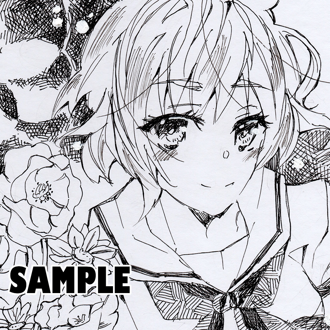 色紙/手描き】/花/オリジナル/創作/女の子/原画/モノクロ/カケアミ  