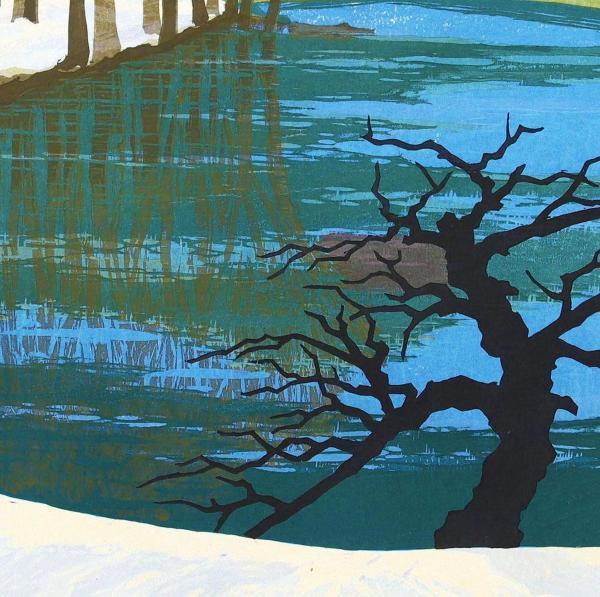 真作】【WISH】鈴木正俊「残雪のドッコ沼」木版画 1981年作 直筆サイン