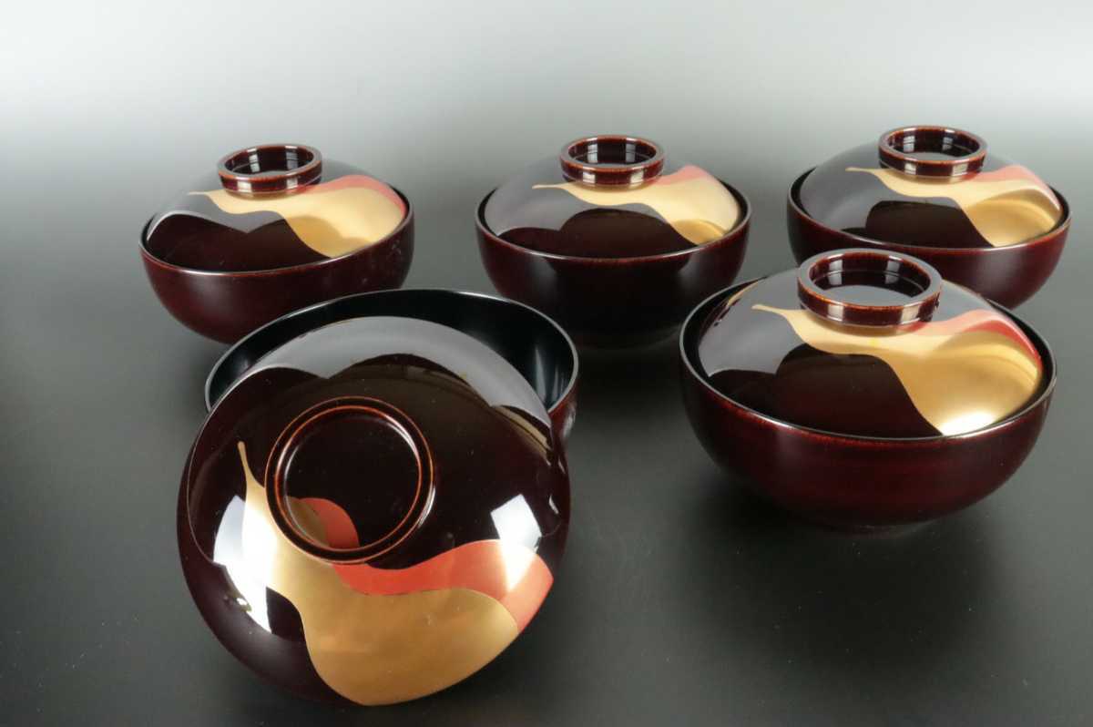 樹脂製　煮物椀　五客 5客 平安象彦 木製漆器 瓢型膳 朱地梅蒔絵 A04344 天然