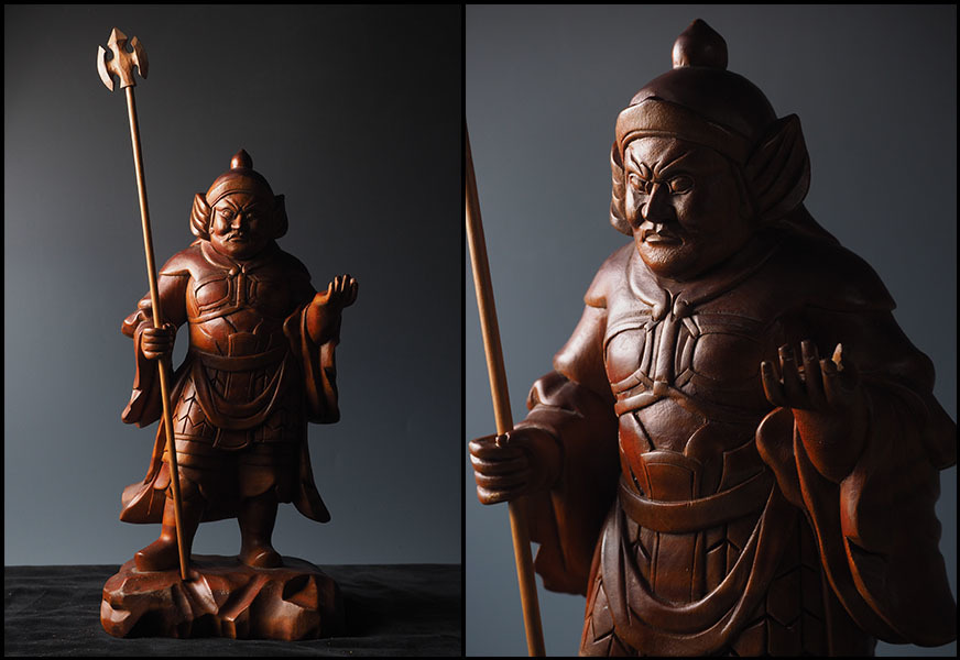 bi59_旧家初出 木彫 毘沙門天像 仏教美術 高さ31cm 仏像 - : 文化遺産