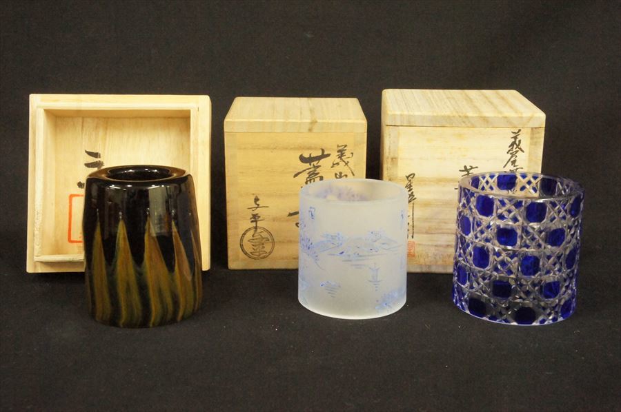 T 夏の茶道具先取り ガラス蓋置3個セット 星野工房 切子 中村与