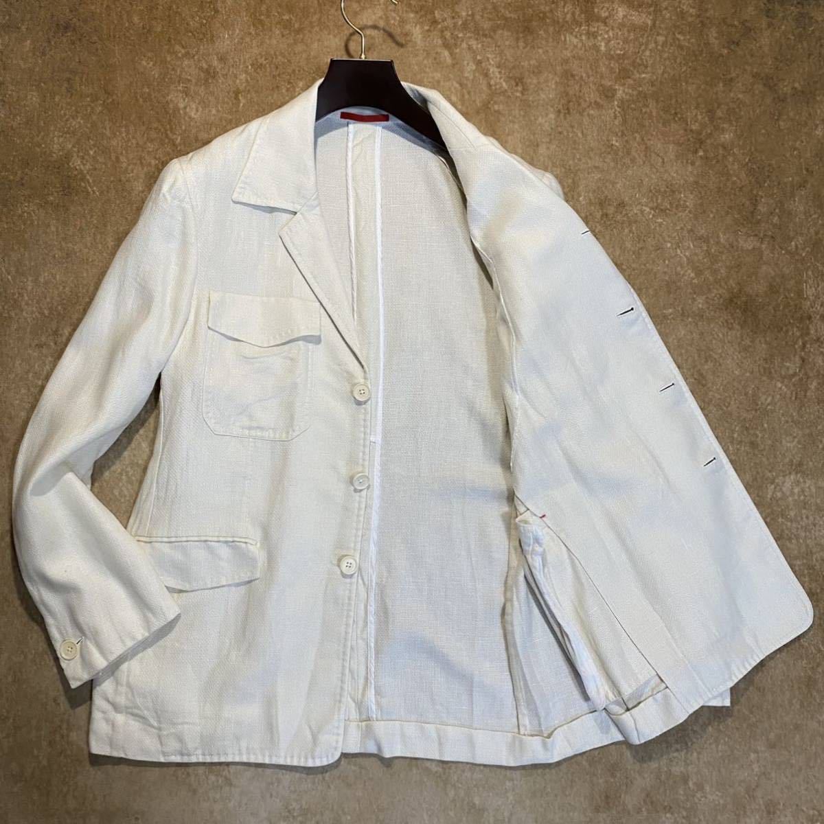 圧巻の清涼感★イザイア:ISAIA『リネンブレンド』絹 麻 薄手 サファリジャケット ソフトドライタッチ◎ 白 春夏 52/XL ≪伊製≫