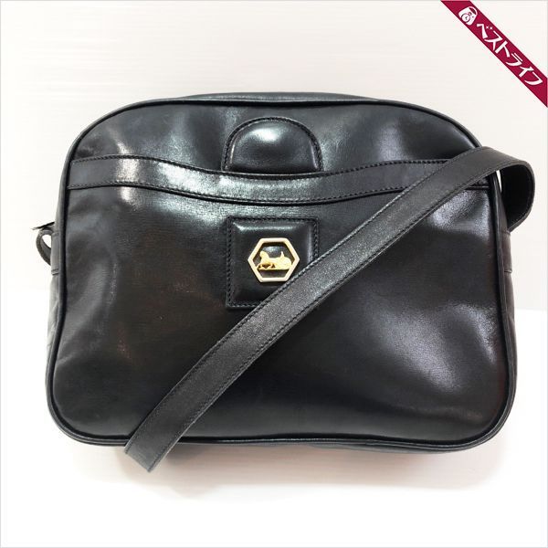 セリーヌ 馬車金具 レザーショルダーバッグ ブラック ヴィンテージ【001】