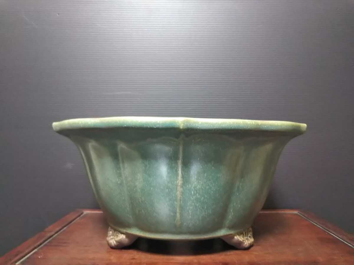 寺畑真山】緑釉外縁下紐段足長方鉢 左右28cm 和鉢
