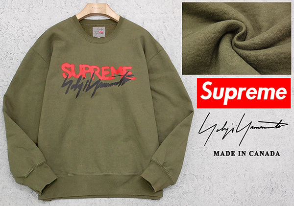 カナダ製 シュプリーム Supreme× ヨウジヤマモト Yoji Yamamoto「20AW Crewneck Olive」ロゴプリント スウェットシャツ オリーブ色/XL程度