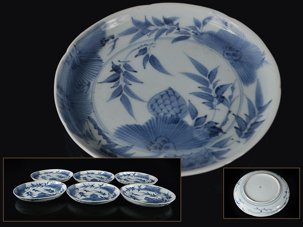 雲】初だし 古伊万里 染付松毬文皿 6枚 直径19cm 懐石 料理