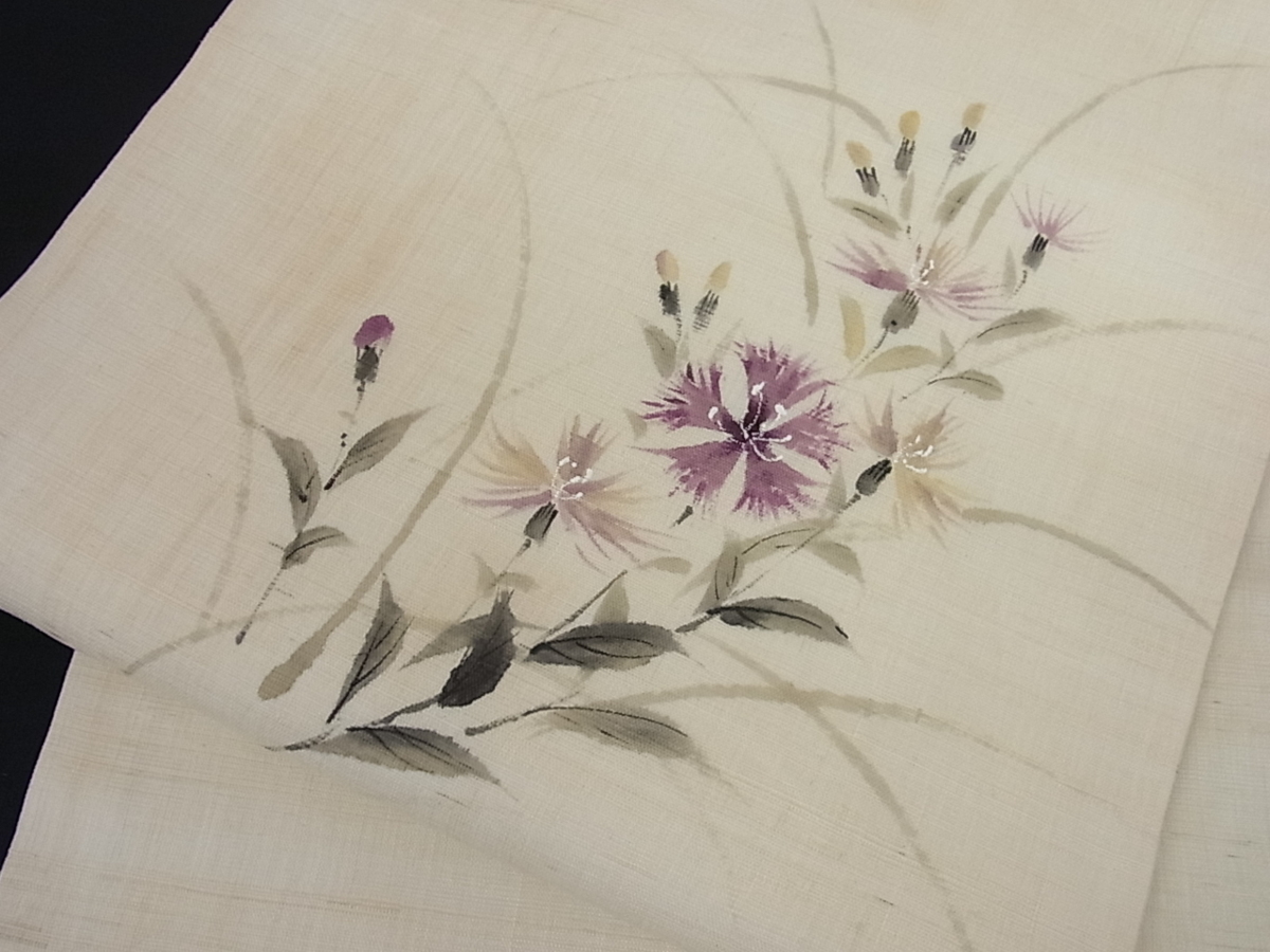 花美人■夏物　九寸名古屋帯　手描き　薊　麻　逸品　ps277