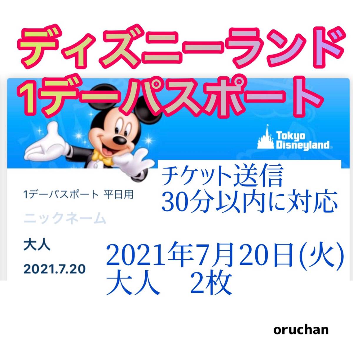 ディズニーランド 7月20日（火）大人2枚 パスポート チケット 7月 