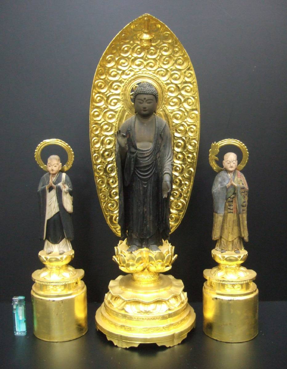 ◇仏教美術・時代物仏像阿弥陀如来像(玉眼入り)・両大師(法然上人