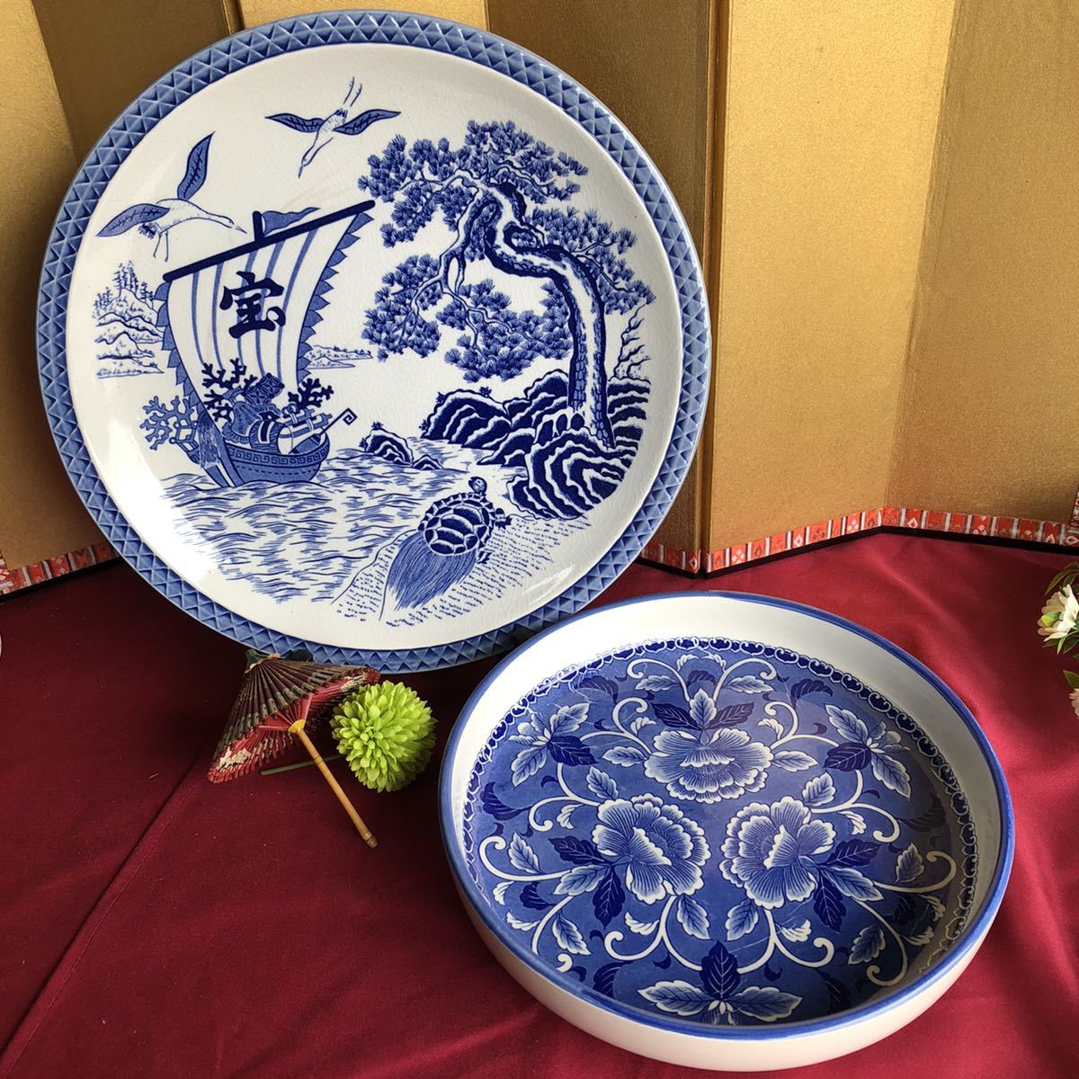 wasabin1274 縁起物 飾り皿 大皿 大鉢 宝船 亀 染付 牡丹 色絵 陶器