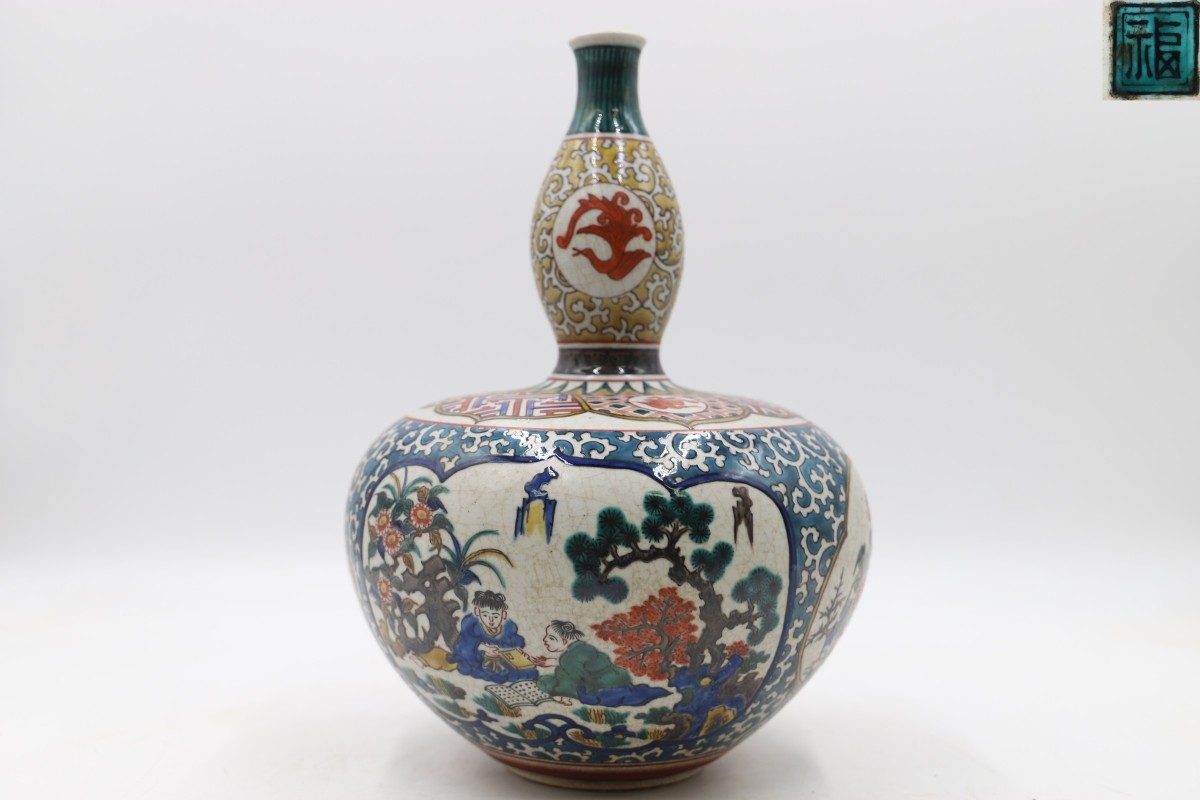 九谷焼 角福 色絵花瓶 花鳥図角型花瓶 銀修理品 レア 骨董品