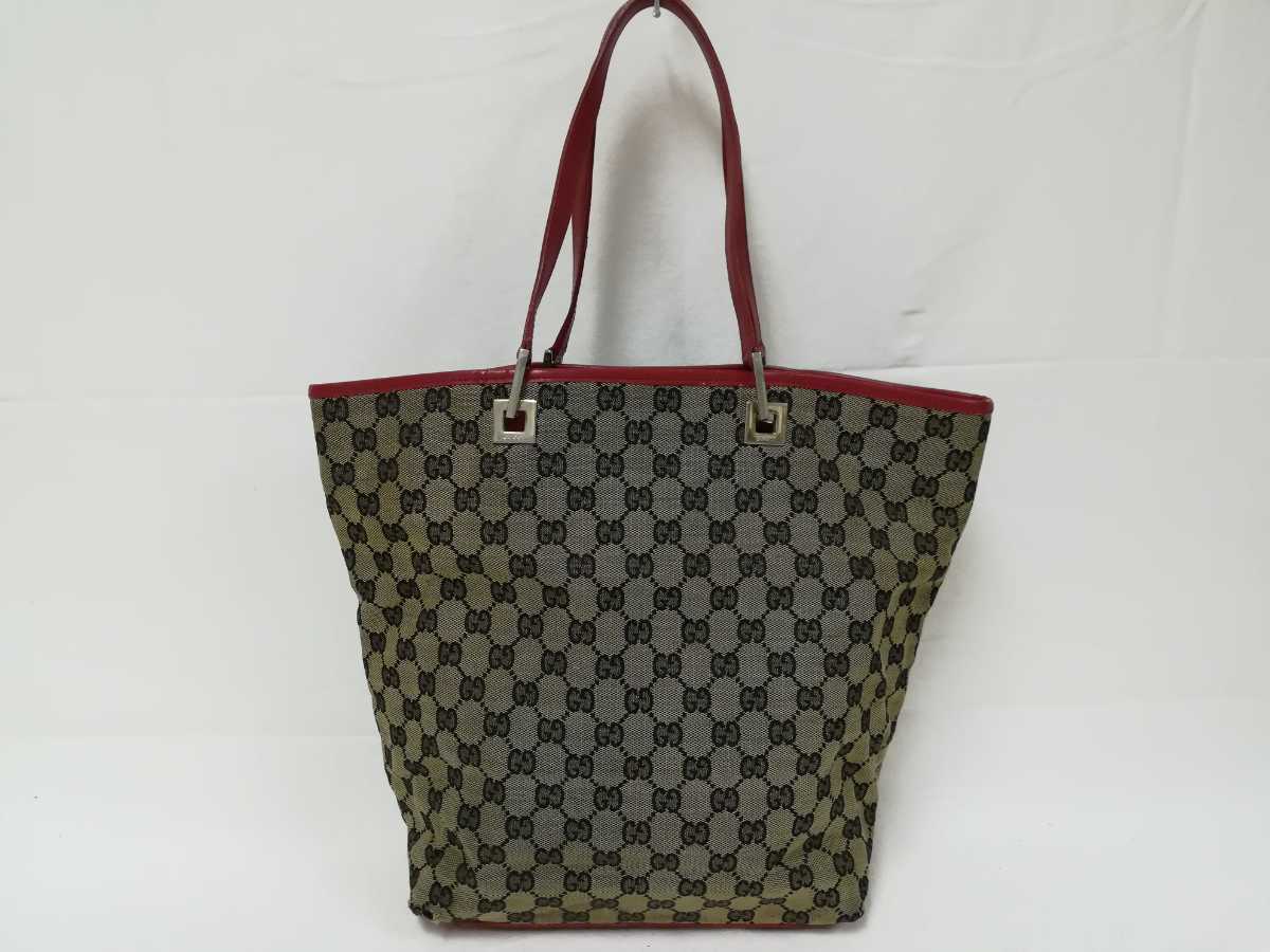 GUCCI グッチ トートバッグ GG柄 ジャガード レザー ベージュ レッド 