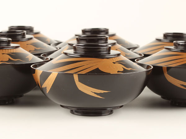 黒塗 茶懐石道具 木製輪島塗 箱付 5客 鶴に紅葉蒔絵 懐石