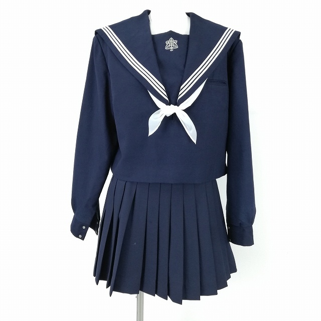 1円 セーラー服 ミニスカート スカーフ 上下3点セット 大きいサイズ バスト114 富士ヨット 冬物 白3本線 筑南中学 紺 中古 ランクC EY4423