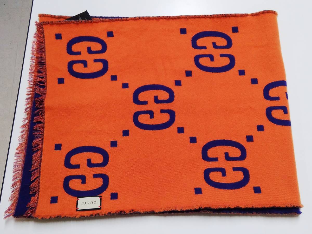 GUCCI マフラー ウールシルクマフラー ブルー オレンジ系 GGジャカード