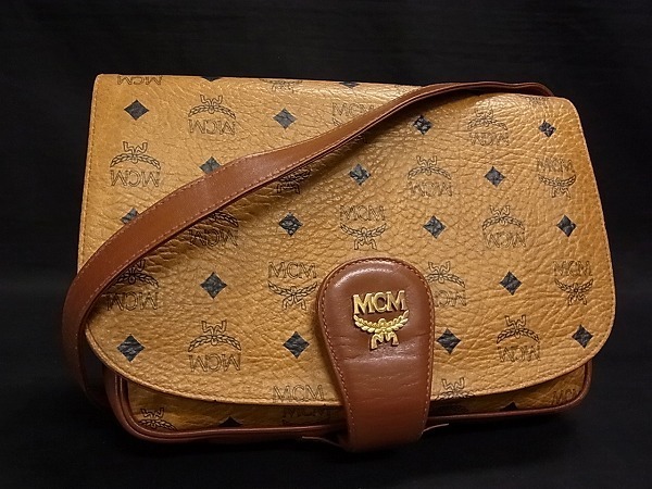1円 MCM エムシーエム モノグラム ヴィセトス柄 レザー ゴールド金具 ショルダーバッグ 肩掛け 斜め掛け レディース ブラウン系 P5144bn