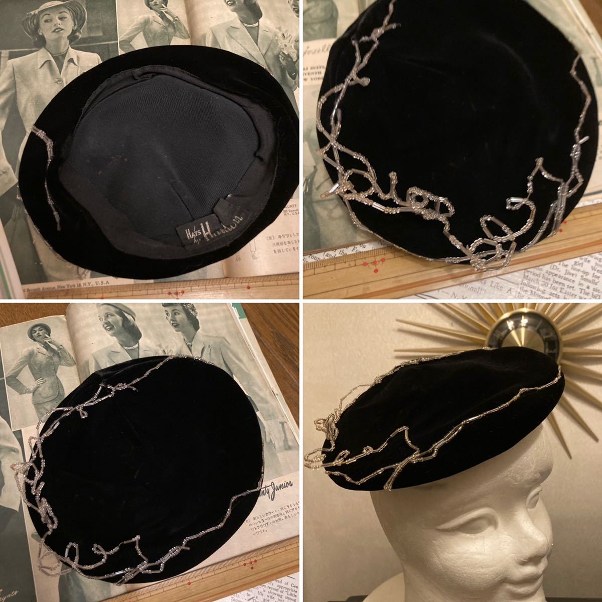 黒ベルベットビーズ花レース リボンドレスハット60sビンテージ50s 