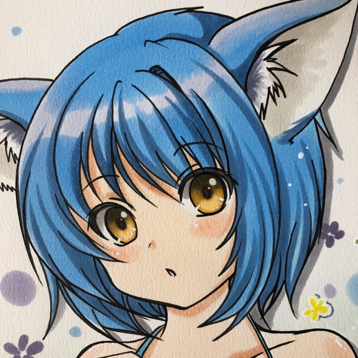手描きオリジナルイラスト A4サイズ 青猫ランジェリー 最終出品(手描き