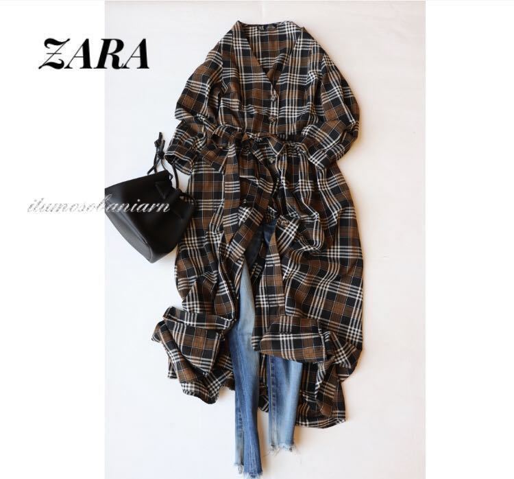 Zara ザラ 秋 大人素敵スタイル ｖネック チェック柄ロングシャツワンピース サイズxs リボンベルト付き 黒 茶 白 羽織り 8分袖 ワンピース 売買されたオークション情報 Yahooの商品情報をアーカイブ公開 オークファン Aucfan Com